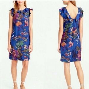 J. Crew Silk Ruffle Tropical Floral Blue Dress Size 4